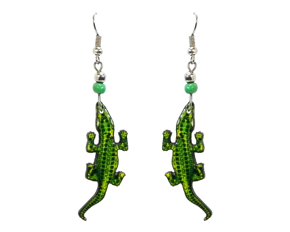 Alligator acrylic dangle earrings with beaded metal hooks in lime green and green color combination.