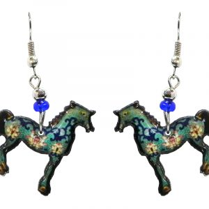 Floral pattern horse acrylic dangle earrings with beaded metal hooks in turquoise mint, blue, peach and beige color combination.