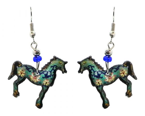 Floral pattern horse acrylic dangle earrings with beaded metal hooks in turquoise mint, blue, peach and beige color combination.