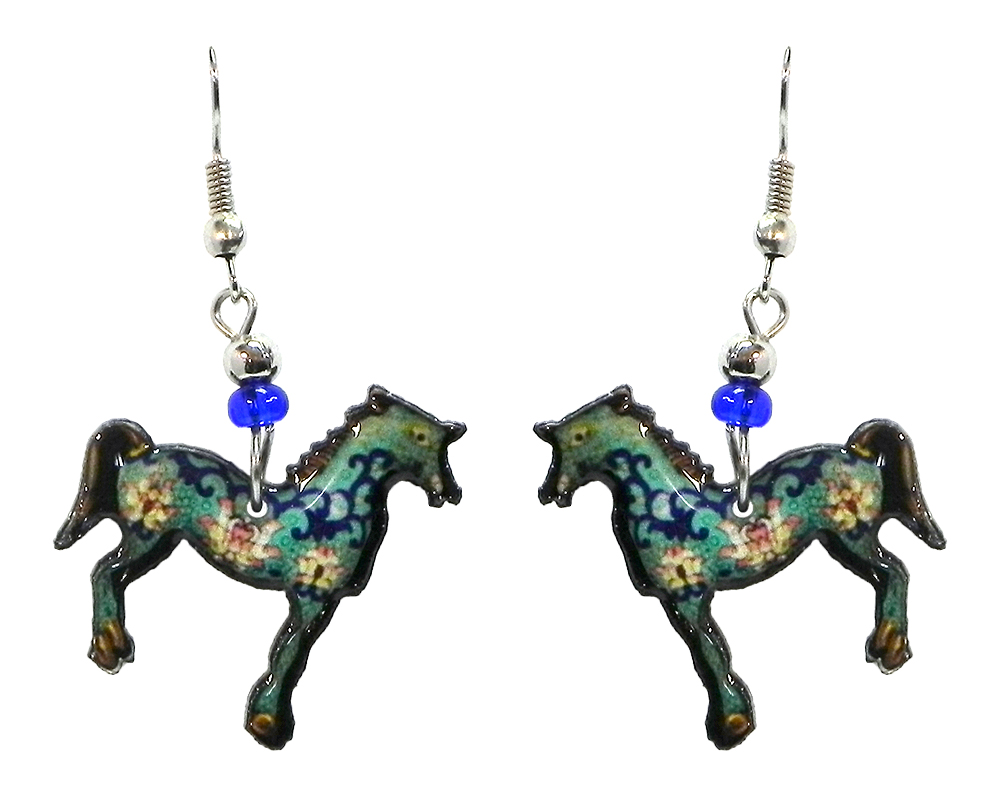 Floral pattern horse acrylic dangle earrings with beaded metal hooks in turquoise mint, blue, peach and beige color combination.