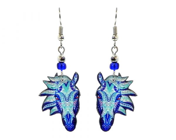 Tribal pattern horse face acrylic dangle earrings with beaded metal hooks in blue, light blue, turquoise, and white color combination.