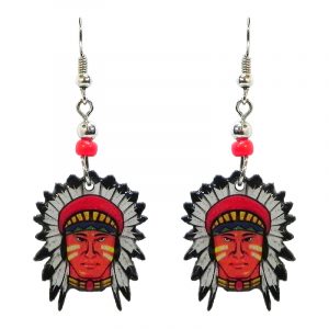 Native American indian face acrylic dangle earrings with beaded metal hooks in red, tan, yellow, blue, green, black, and white color combination.