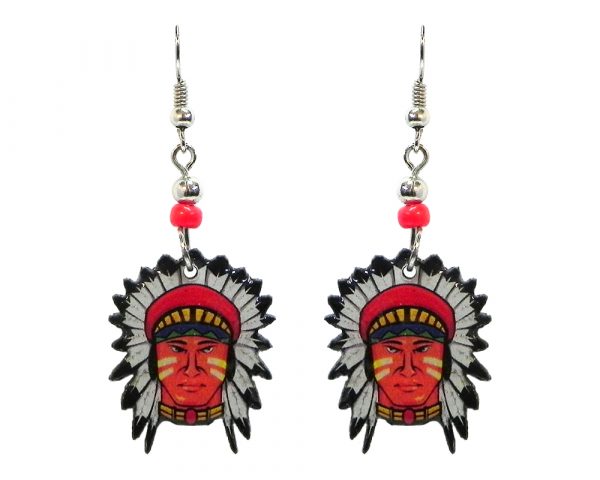 Native American indian face acrylic dangle earrings with beaded metal hooks in red, tan, yellow, blue, green, black, and white color combination.