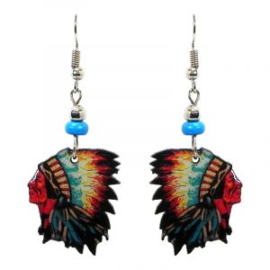 Native American Indian face acrylic dangle earrings with beaded metal hooks in turquoise blue, tan, red, yellow, black, and white color combination.