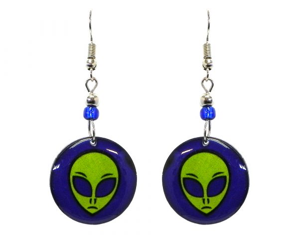 Round-shaped alien face acrylic dangle earrings with beaded metal hooks in indigo, blue, and lime green color combination.