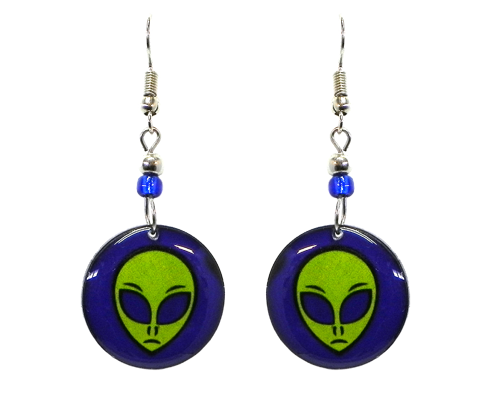Round-shaped alien face acrylic dangle earrings with beaded metal hooks in indigo, blue, and lime green color combination.
