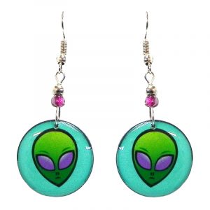 Round-shaped alien face acrylic dangle earrings with beaded metal hooks in turquoise mint, lime green, and purple color combination.