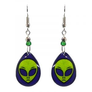 Teardrop-shaped alien face acrylic dangle earrings with beaded metal hooks in indigo, blue, and lime green color combination.