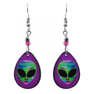 Teardrop-shaped trippy alien face acrylic dangle earrings with beaded metal hooks in purple, lime green, pink, and turquoise color combination.