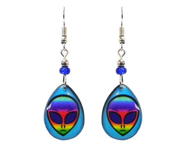 Teardrop-shaped rainbow alien face acrylic dangle earrings with beaded metal hooks in turquoise blue and multicolored color combination.