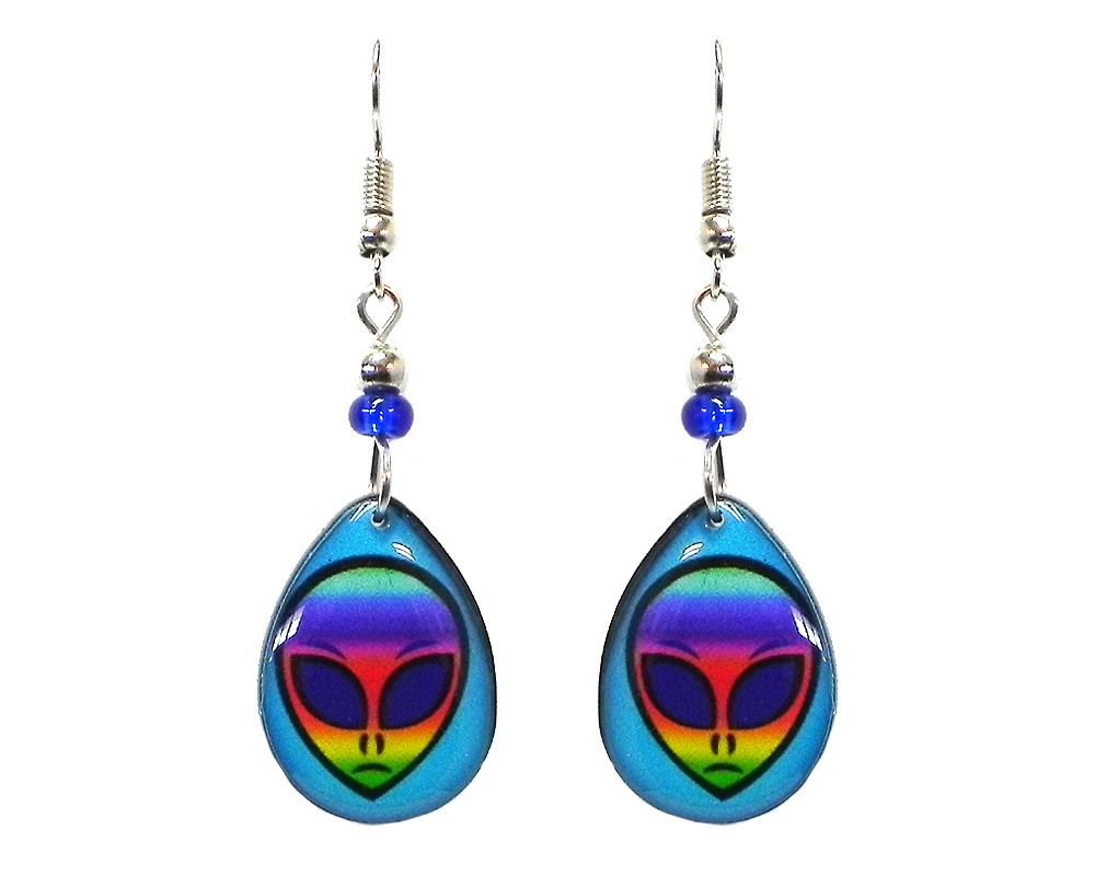 EA-044502159905 Teardrop-shaped rainbow alien face acrylic dangle earrings with beaded metal hooks in turquoise blue and multicolored color combination.