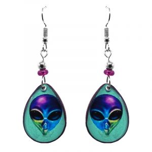 Teardrop-shaped alien face acrylic dangle earrings with beaded metal hooks in aqua mint, purple, turquoise, and green color combination.