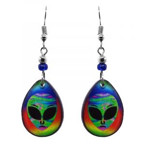 Teardrop-shaped rainbow alien face acrylic dangle earrings with beaded metal hooks in lime green, pink, turquoise and multicolored color combination.
