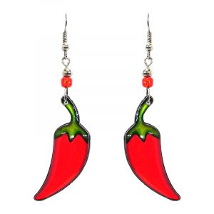 Chili pepper acrylic dangle earrings with beaded metal hooks in red and green color combination.