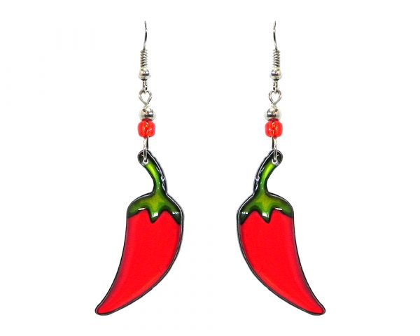 Chili pepper acrylic dangle earrings with beaded metal hooks in red and green color combination.