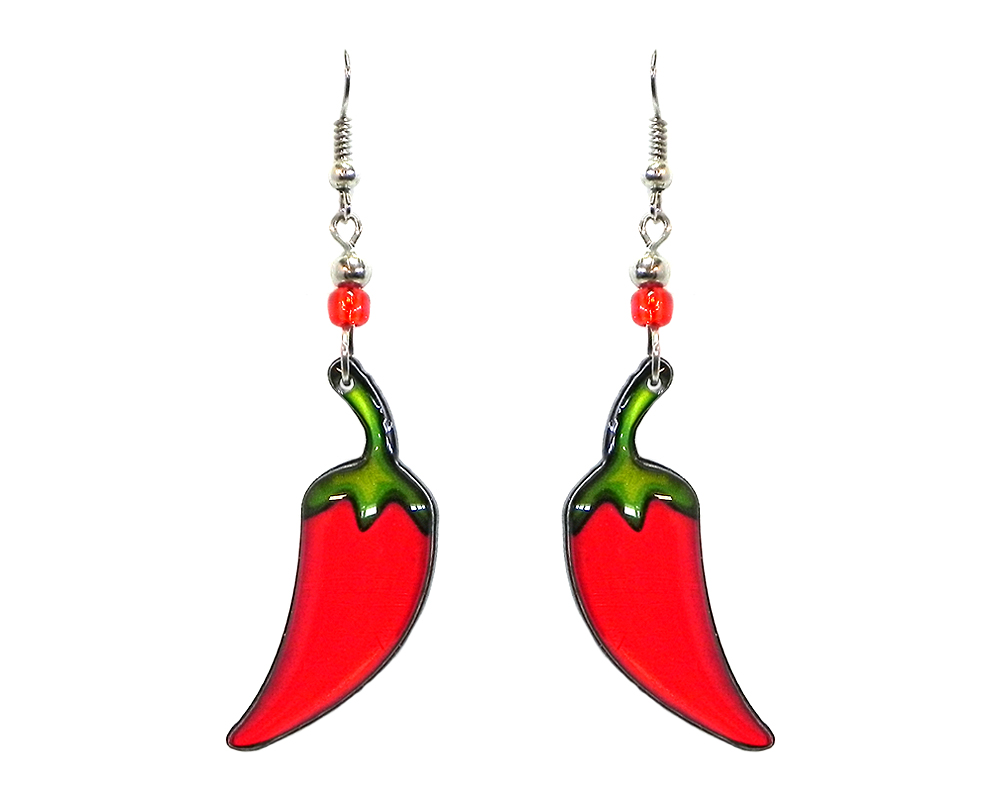 Chili pepper acrylic dangle earrings with beaded metal hooks in red and green color combination.