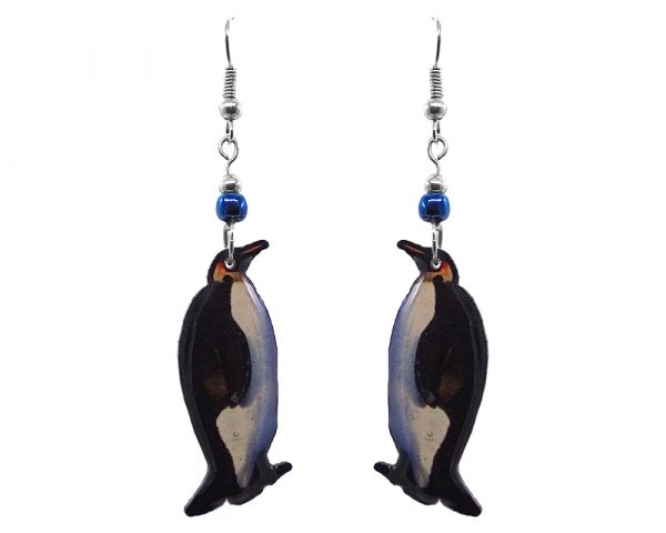 Penguin acrylic dangle earrings with beaded metal hooks in black, white, and yellow color combination.