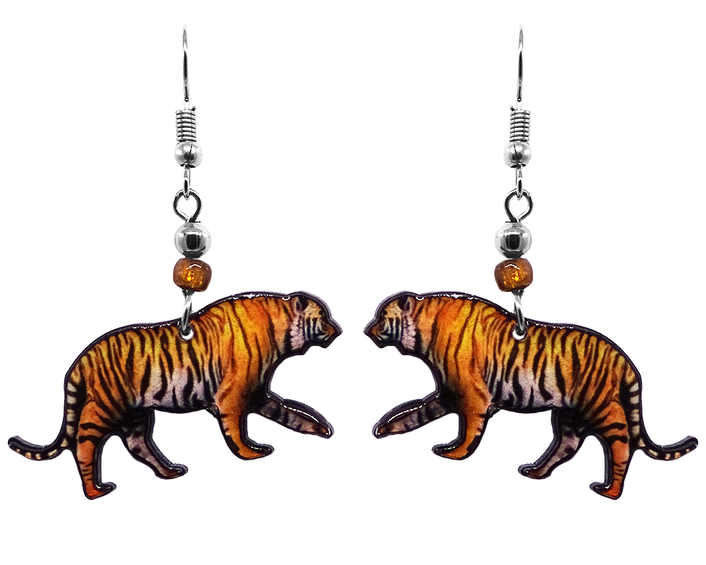 Tiger acrylic dangle earrings with beaded metal hooks in orange, golden and black color combination.