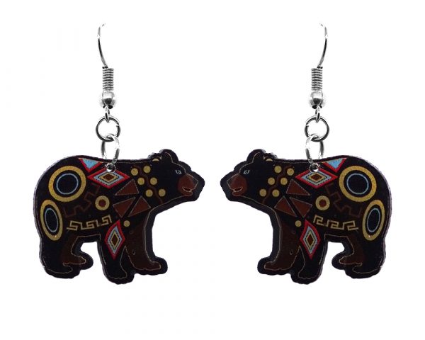 Tribal pattern black bear acrylic dangle earrings with beaded metal hooks.