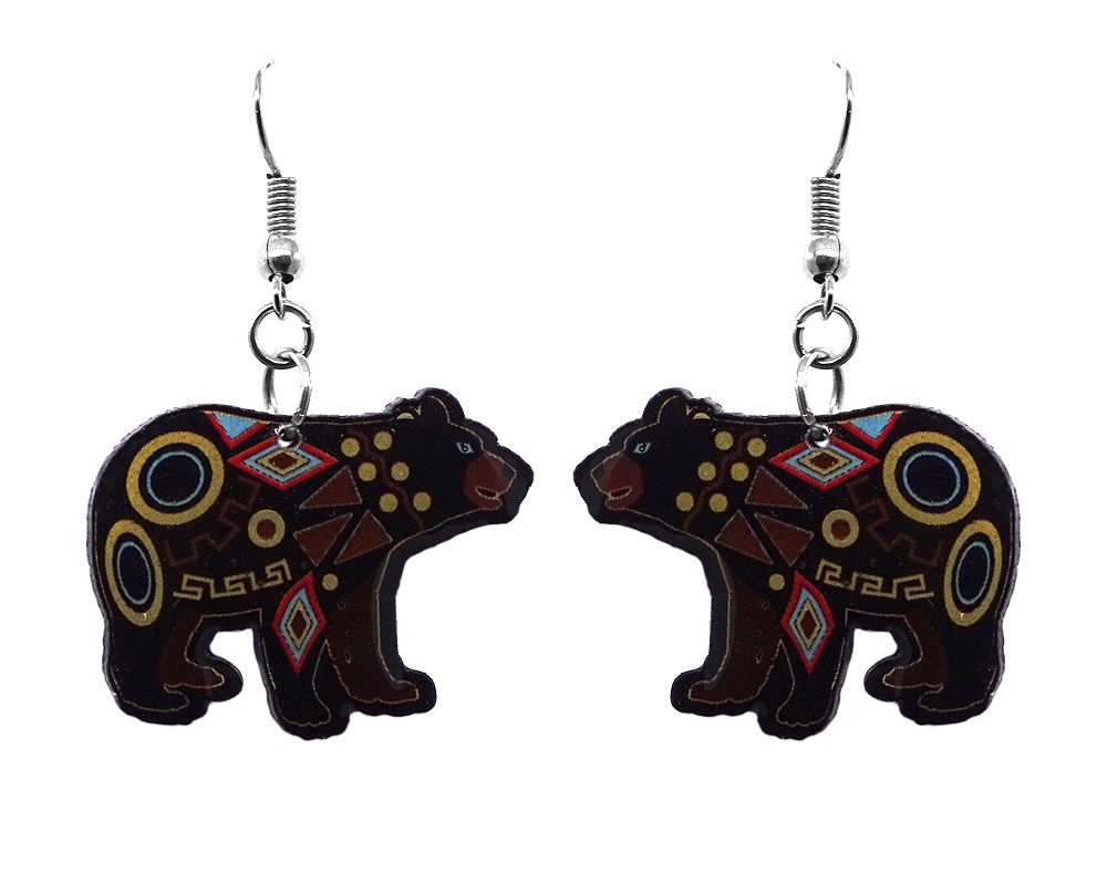 Tribal pattern black bear acrylic dangle earrings with beaded metal hooks.