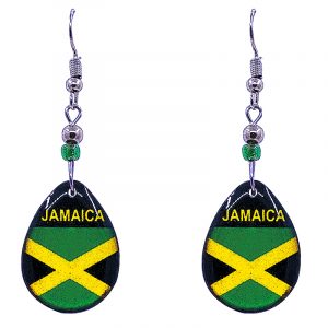 Teardrop-shaped "Jamaica" graphic acrylic dangle earrings with beaded metal hooks in Jamaican flag colors.