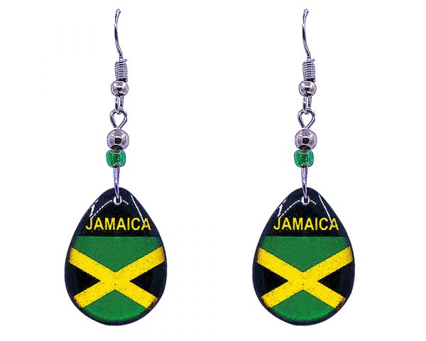 Teardrop-shaped "Jamaica" graphic acrylic dangle earrings with beaded metal hooks in Jamaican flag colors.