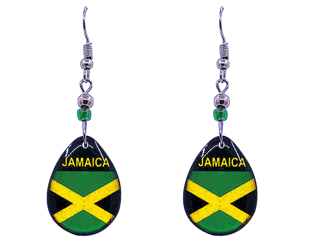 EA-046503090403 Teardrop-shaped "Jamaica" graphic acrylic dangle earrings with beaded metal hooks in Jamaican flag colors.