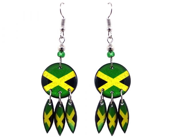 Round-shaped Jamaican flag graphic acrylic dangle earrings with long matching dangles and beaded metal hooks in Jamaican colors.