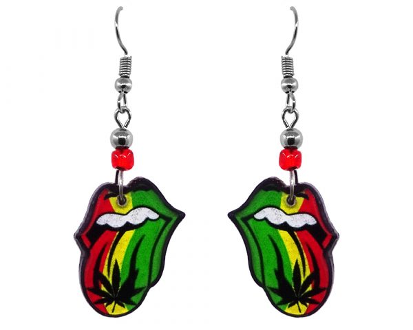 Handmade Rolling Stones tongue acrylic dangle earrings with beaded metal hooks in Rasta colors.