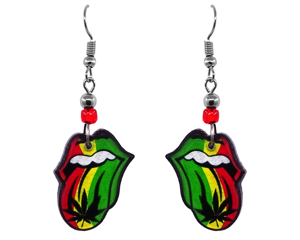 Handmade Rolling Stones tongue acrylic dangle earrings with beaded metal hooks in Rasta colors.