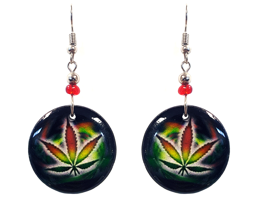 Round-shaped psychedelic cannabis pot leaf graphic acrylic dangle earrings with beaded metal hooks in Rasta colors.