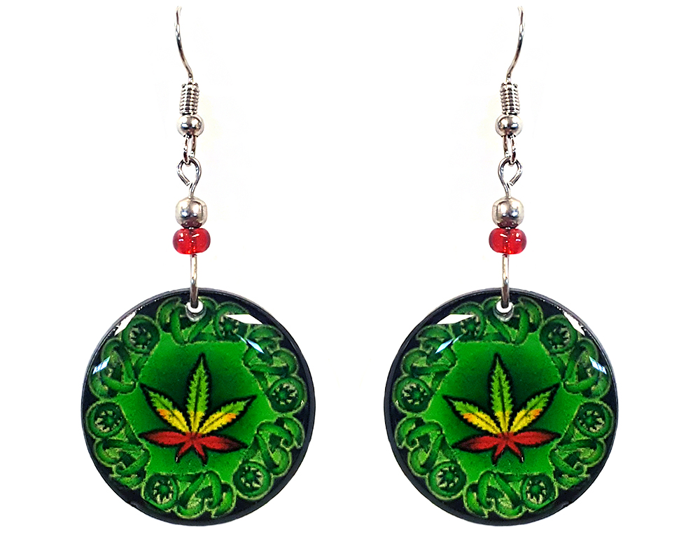 Round-shaped "420" cannabis pot leaf graphic acrylic dangle earrings with beaded metal hooks in green and Rasta colors.