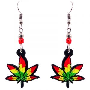Rasta-colored cannabis pot leaf acrylic dangle earrings with beaded metal hooks in red, green, and yellow color combination.