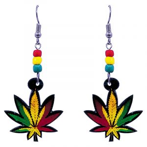 Rasta-colored cannabis pot leaf acrylic dangle earrings with beaded metal hooks in red, green, and golden yellow color combination.