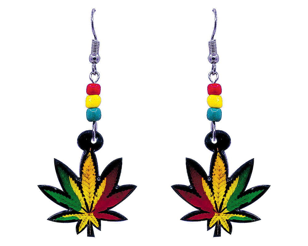 EA-046701040301-1 Rasta-colored cannabis pot leaf acrylic dangle earrings with beaded metal hooks in red, green, and golden yellow color combination.