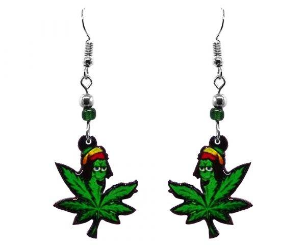 Cannabis pot leaf Rasta dude acrylic dangle earrings with beaded metal hooks in green, red, black, and yellow color combination.