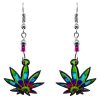 EA-046701343536 Multicolored cannabis pot leaf acrylic dangle earrings with beaded metal hooks in lime green, turquoise, blue, and purple color combination.