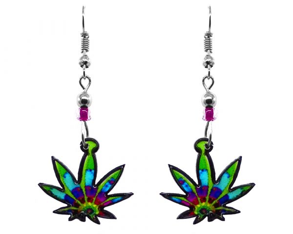 Multicolored cannabis pot leaf acrylic dangle earrings with beaded metal hooks in lime green, turquoise, blue, and purple color combination.