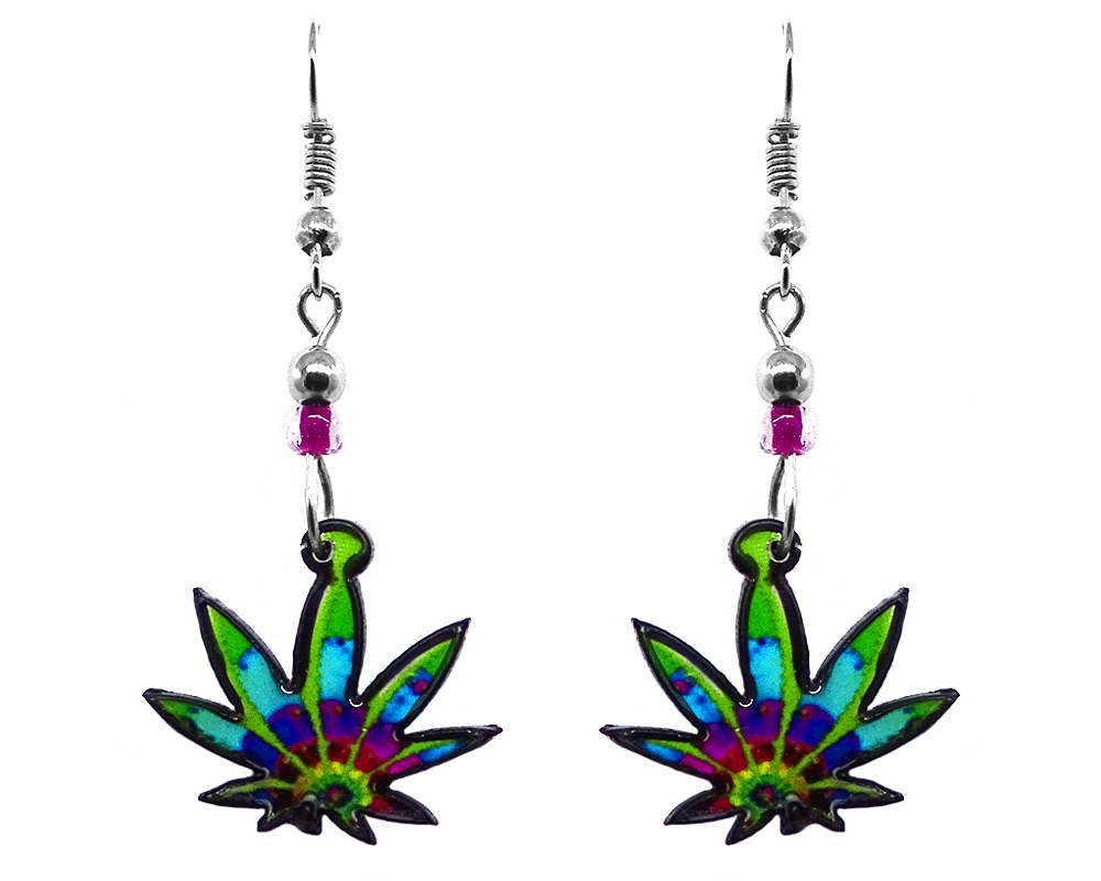 Multicolored cannabis pot leaf acrylic dangle earrings with beaded metal hooks in lime green, turquoise, blue, and purple color combination.