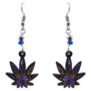 Multicolored cannabis pot leaf acrylic dangle earrings with beaded metal hooks in purple and multicolored color combination.