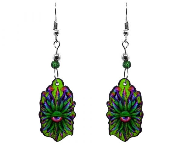 Psychedelic cannabis pot leaf mushroom eye acrylic dangle earrings with beaded metal hooks in green and multicolored color combination.