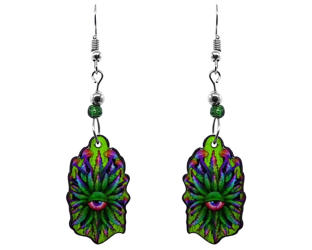 EA-046707340406 Psychedelic cannabis pot leaf mushroom eye acrylic dangle earrings with beaded metal hooks in green and multicolored color combination.