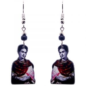 Handmade Frida inspired portrait earrings with acrylic, seed beads, and metal hooks in black, white, gray, and red color combination.