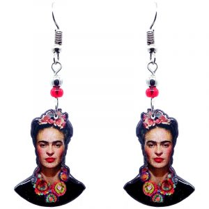 Handmade Frida inspired face earrings with acrylic, seed beads, and metal hooks in black, peach, salmon pink, and red color combination.