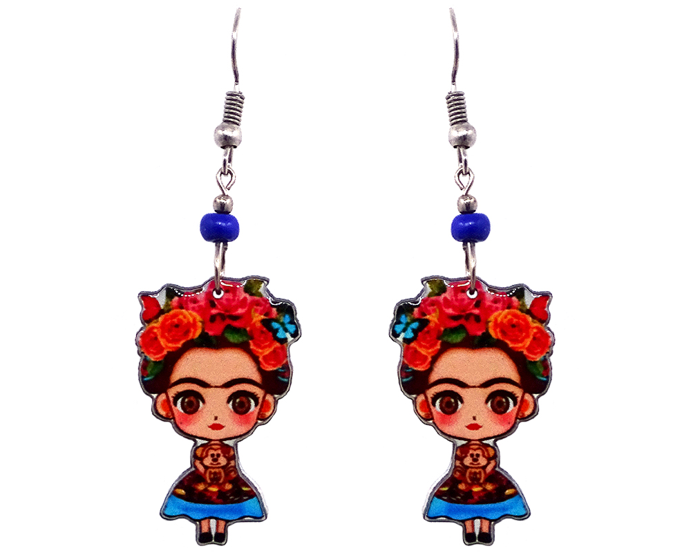 Handmade Frida inspired cartoon doll earrings with acrylic, seed beads, and metal hooks in peach, light blue, orange, red, and black color combination.