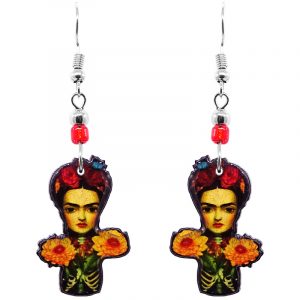 Handmade abstract Frida inspired earrings with acrylic, seed beads, and metal hooks in gold, orange, red, and black color combination.