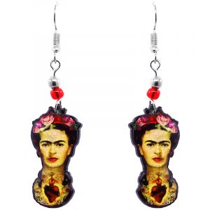Handmade Frida inspired face earrings with acrylic, seed beads, and metal hooks in golden yellow, beige, red, pink, and black color combination.