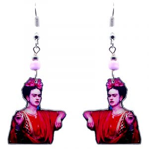 Handmade Frida inspired portrait earrings with acrylic, seed beads, and metal hooks in hot pink, red, light pink, and black color combination.