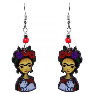 Handmade abstract Frida inspired earrings with acrylic, seed beads, and metal hooks in gold, black, red, purple, and white color combination.