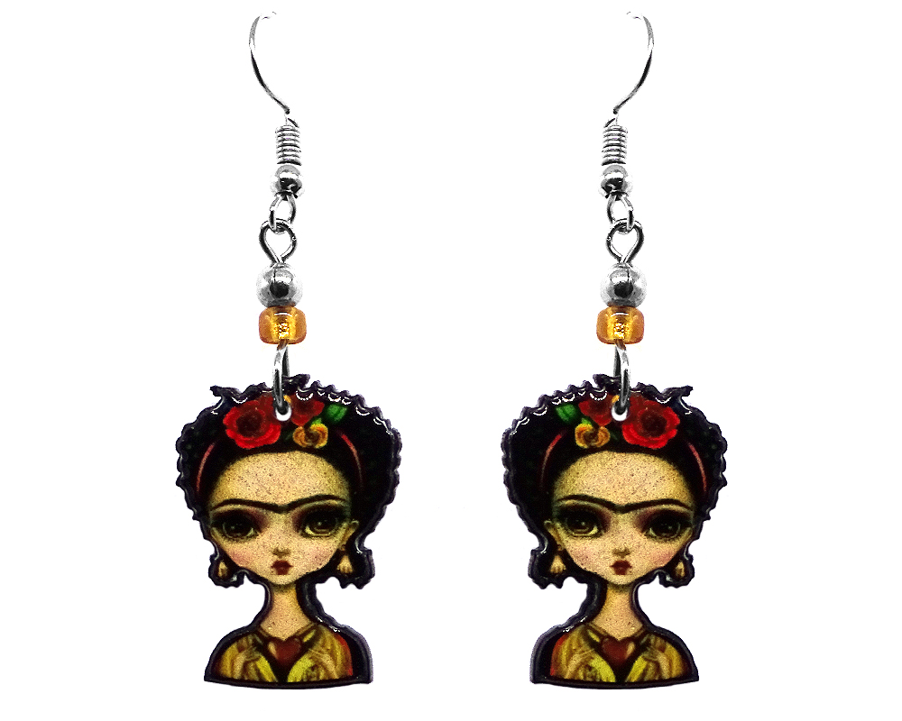 Handmade abstract Frida inspired earrings with acrylic, seed beads, and metal hooks in beige, red, gold, and black color combination.